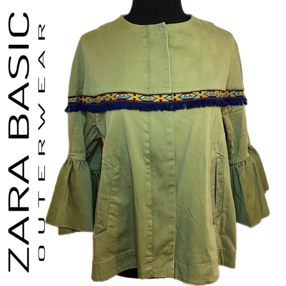 ZARA Women’s Green Zip Jacket Size Small Bell Sleeve Fringe Aztec Tribal